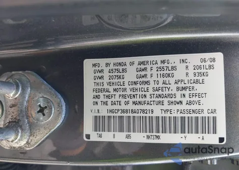 2008 Honda Accord 3.5 Ex-L из США, поврежденный, VIN 1HGCP36818A078219